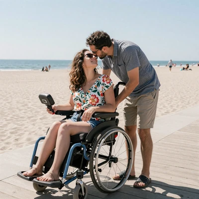 Couple at a beach boardwalk, woman in a motorized wheelchair and man kissing her cheek