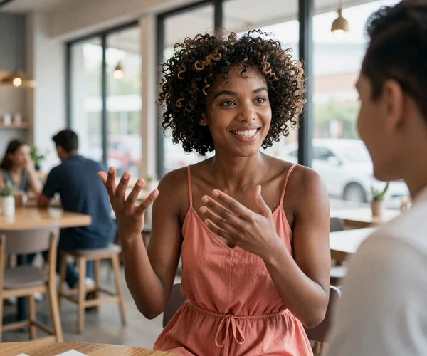 Amara, a Deaf woman signing expressively on a date at a sunlit cafe on the BeyondLimits deaf dating site