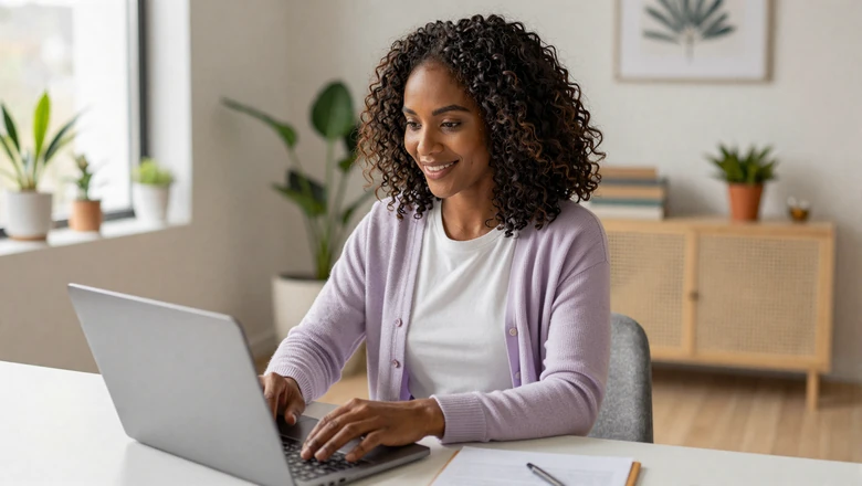 Woman thoughtfully composing a dating profile at her laptop, representing disclosure of disability in online dating