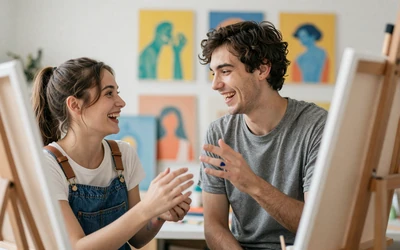 Two neurodivergent people laughing together at an art studio, showing joy in neurodivergent relationships