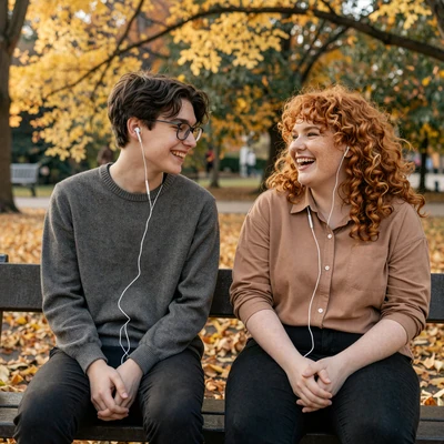 Alex and Jamie, a neurodivergent couple from BeyondLimits sharing earbuds in a park
