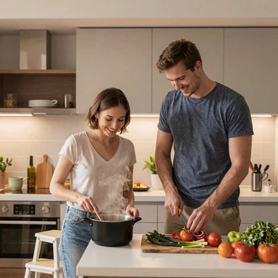 Little person woman and her partner cooking dinner together in a warm kitchen