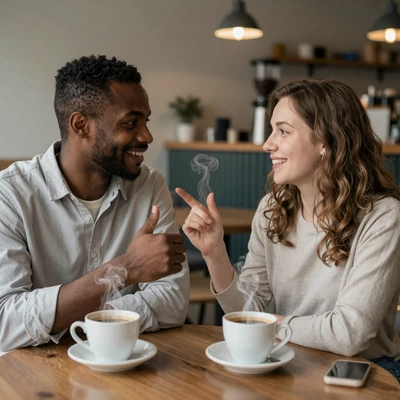 Deaf couple signing to each other over coffee at a cozy cafe
