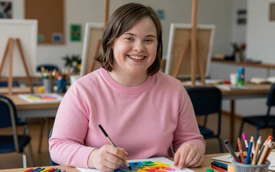 Happy woman with Down syndrome painting at a community center representing dating site users