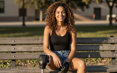 Confident woman with a prosthetic leg sitting outdoors on the amputee dating site