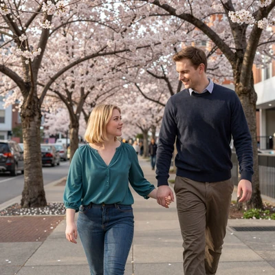 Grace, a little person, and Tom walking together on a spring sidewalk, BeyondLimits couple
