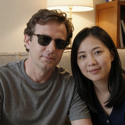David, a blind man, and Mei sitting on a couch together, a BeyondLimits couple