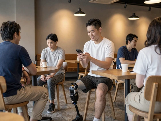 Amputee member Kenji browsing profiles on the BeyondLimits amputee dating app at a coffee shop