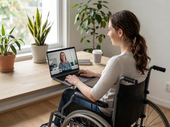Woman in a wheelchair using BeyondLimits video chat with live captions on her laptop