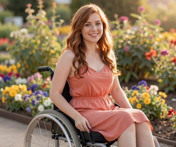 Elena, a woman with cerebral palsy enjoying a sunny day at a botanical garden, using the BeyondLimits accessible dating app