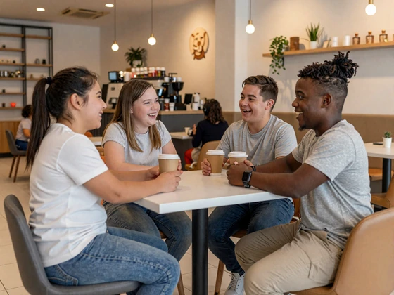 Three diverse little people socializing and laughing together at a modern coffee shop