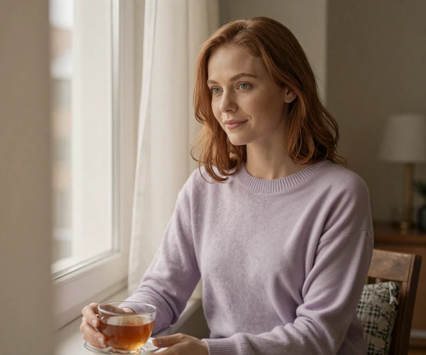 Elena, a woman with bipolar disorder enjoying a calm morning moment while using the BeyondLimits bipolar dating site