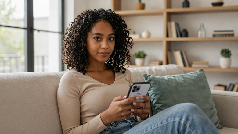 Woman confidently using a dating app on her smartphone at home, representing safe online dating for people with disabilities