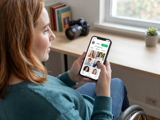 Wheelchair user browsing BeyondLimits dating app with accessibility filters on smartphone