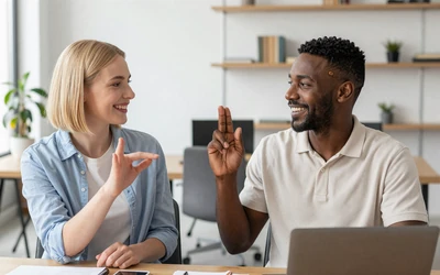 Deaf woman signing ASL with a friend representing the deaf community dating site