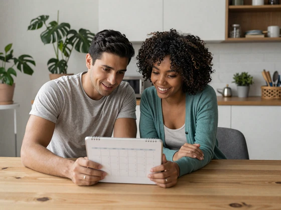 ADHD couple planning a date together using a shared calendar in their modern apartment