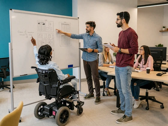 BeyondLimits founding team collaborating in a modern office, including a woman in a wheelchair leading the discussion