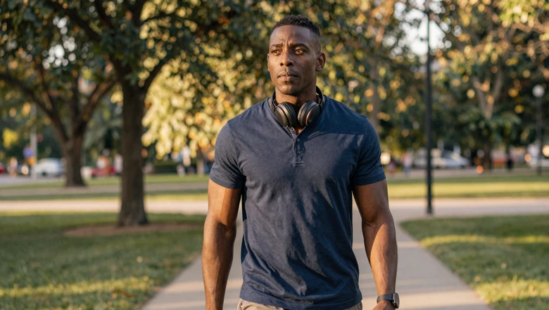 Man walking through a sunny park before a date, using physical movement as a pre-date anxiety management technique