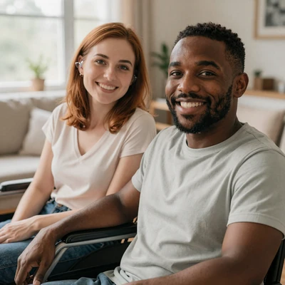 Marcus and Sarah, a BeyondLimits couple - wheelchair user and Deaf woman smiling together
