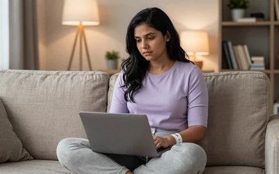 Woman with a medical alert bracelet browsing at home representing dating with epilepsy