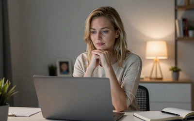 Woman reviewing online dating safety tips on laptop in cozy home office