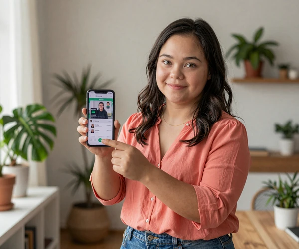 Marta, a confident little person using the BeyondLimits dwarf dating site on her phone in a sunlit apartment