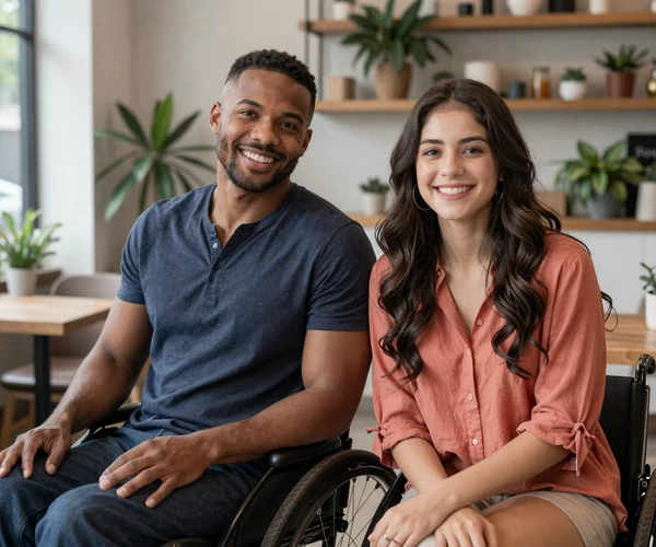 Happy couple at a cafe - a man in a wheelchair and a woman sitting beside him, representing disabled dating site members