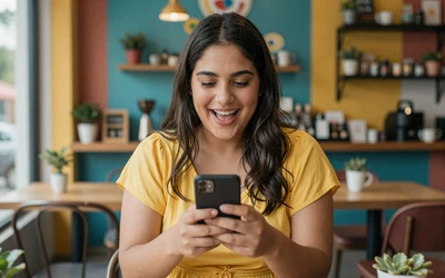 Energetic woman using a dating app at a coffee shop representing the ADHD dating site