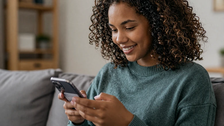 Woman browsing a disability dating app on her smartphone while relaxing at home