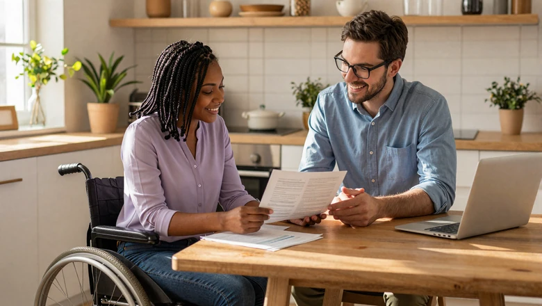 Couple reviewing disability benefits paperwork together at their kitchen table, planning their future