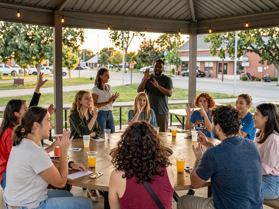 Vibrant Deaf community social gathering with friends signing in ASL at an outdoor summer event