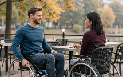 Wheelchair user on a date at an outdoor cafe representing wheelchair dating site community