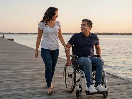 Couple enjoying a waterfront boardwalk together, one partner uses a wheelchair due to cerebral palsy