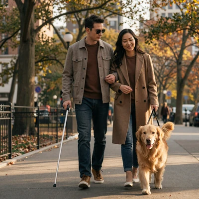 Blind man with a white cane walking arm-in-arm with his partner and golden retriever