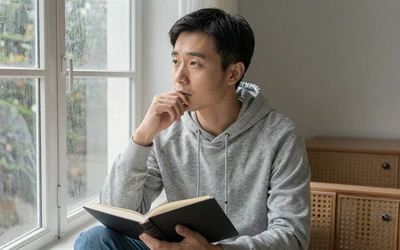 Man journaling by a window representing dating with bipolar disorder on the platform