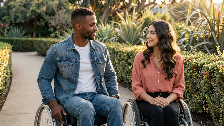 Couple enjoying an accessible botanical garden date, wheelchair user and partner walking along a smooth paved path in golden hour light