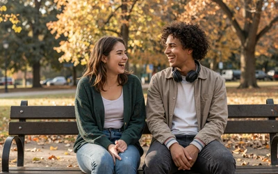 Neurodivergent couple laughing together on a park bench on a sunny autumn day
