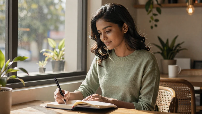 Woman journaling calmly by a sunlit cafe window, preparing mentally before a date with anxiety management strategies
