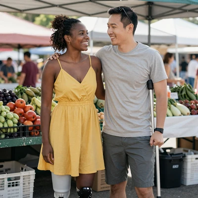 Nina with a prosthetic leg and Chris with cerebral palsy at a farmers market, BeyondLimits couple