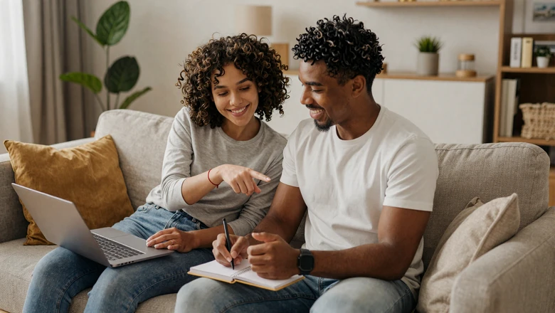 Couple collaborating on a shared planner together, representing ADHD relationship planning strategies
