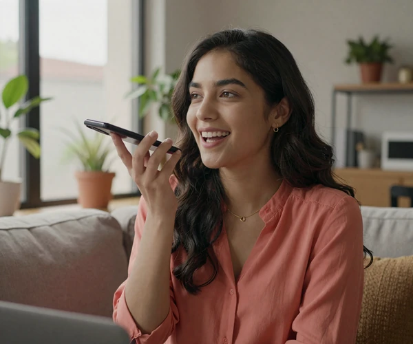 Elena, a blind woman joyfully listening to a voice message from her match on the BeyondLimits blind dating app while relaxing on her couch in warm natural light