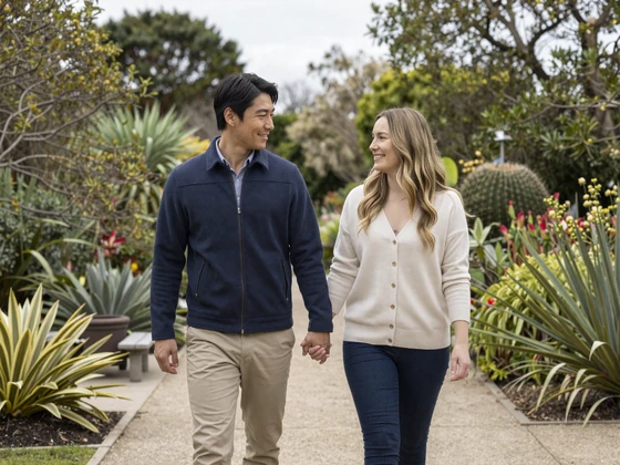 A supportive couple walking through a botanical garden together, representing healthy bipolar relationships on BeyondLimits