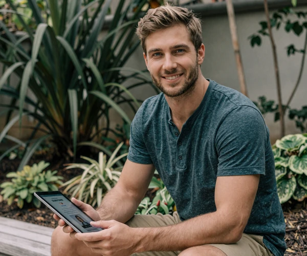 Ethan, an autistic man browsing the BeyondLimits autism dating app in a peaceful botanical garden