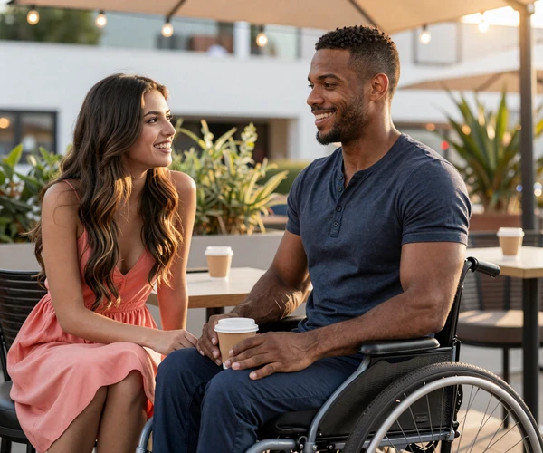 Wheelchair user Marcus on a date with Elena at an outdoor cafe, both laughing on the wheelchair dating site