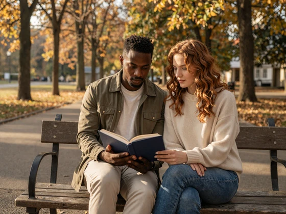 Autistic couple Marcus and Lily sharing a book on a park bench in golden autumn light